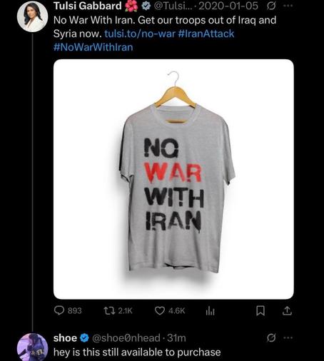 A social media post from Tulsi Gabbard from 2020 saying no war with Iran.